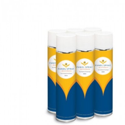 Pack de seis latas de spray Panol Spray com rótulo branco, amarelo e azul