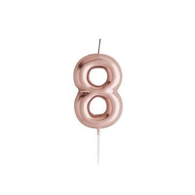 Vela de aniversário número 8 cor rosa dourado metálico com suporte branco