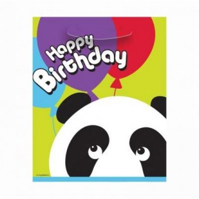 Saco de presente colorido com tema de aniversário e panda