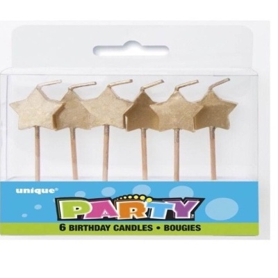 6 velas de aniversário em forma de estrelas douradas em embalagem de plástico transparente.