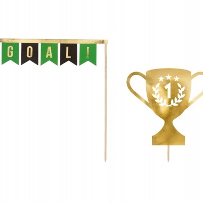 Dois toppers para bolos, um com texto GOAL! e outro em forma de troféu dourado com número 1.