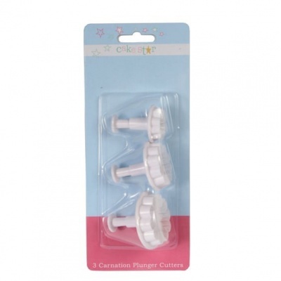 Conjunto de 3 cortadores de flores com êmbolo em embalagem azul e rosa