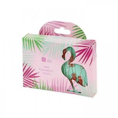 Caixa de luzes decorativas em formato de flamingo com embalagem rosa e folhas coloridas