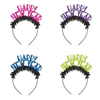 Quatro tiaras festivas coloridas com frase 'HAPPY NEW YEAR' e pompons pretos