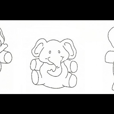 Desenhos a preto e branco de três elefantes animados em poses diferentes