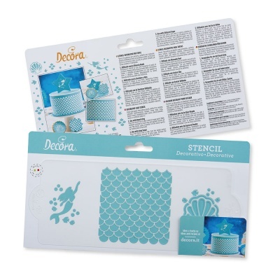 Stencil decorativo azul claro com padrão de escamas, tartaruga e concha da marca Decora