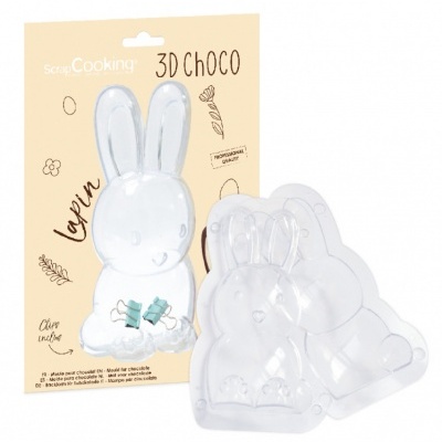 Molde para chocolate 3D em forma de coelho transparente com embalagem bege clara e texto Scrap Cooking 3D CHOCO