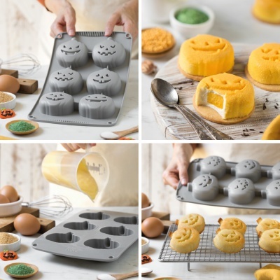Forma de silicone cinzenta para bolos de Halloween em forma de abóboras com bolos amarelos cozidos