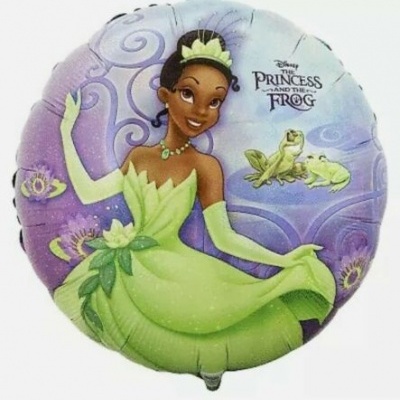 Balão redondo com imagem da princesa Tiana da Disney e texto Princesa e o Sapo