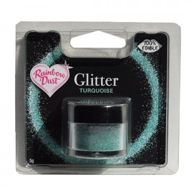 Glitter turquesa com embalagem plástica e rótulo da marca Rainbow Dust