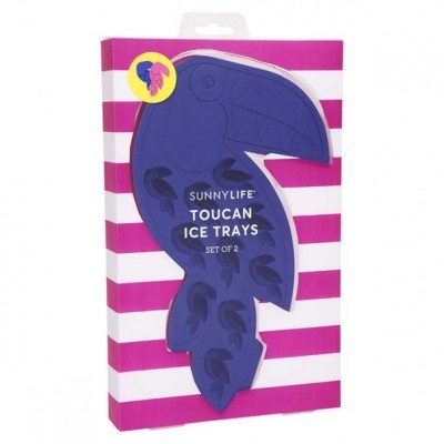 Forma de cubos de gelo em silicone roxo em forma de tucano na embalagem rosa e branca