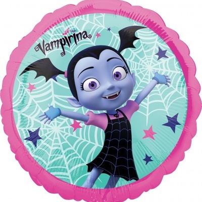 Balão redondo com personagem Vampirina em fundo com teias de aranha