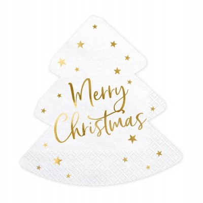 Guardanapo de papel em forma de árvore de Natal com texto e estrelas douradas