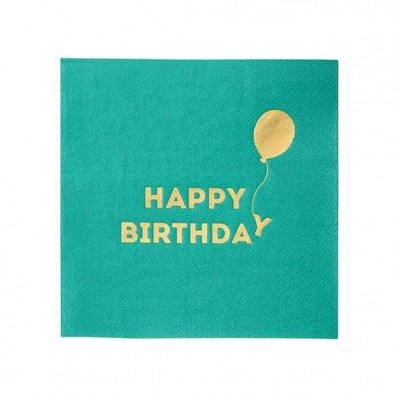 Guardanapo verde-azulado com texto e balão dourados