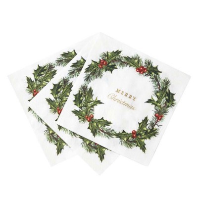 Guardanapos de papel brancos com raminhos de azevinho e texto dourado de Natal