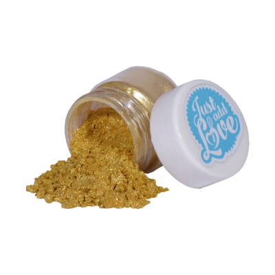 Frasco pequeno com glitter dourado e tampa branca com etiqueta azul