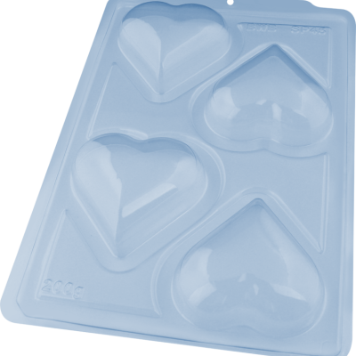 Forma de silicone azul com quatro cavidades em forma de coração