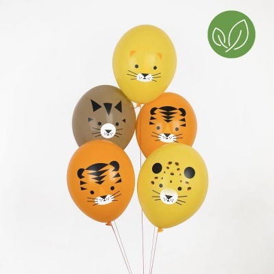 Balões com rostos de animais e selo verde de folhas
