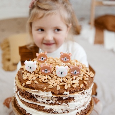 Bolo decorado com carinhas de ursos e coelhos em palitos, coberto com amendoins, sobre fundo interior com tapete e almofada.