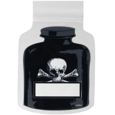 Saco de plástico com desenho de crânio e ossos cruzados