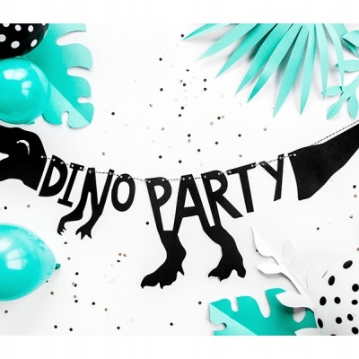 Banner de festa DINo PARTY com balões e folhas decorativas