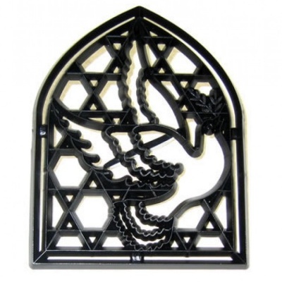 Decoração metálica preta com pomba e estrelas de David