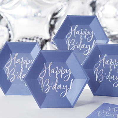 Caixas hexagonais azuis com texto prateado 'Happy B'day!'