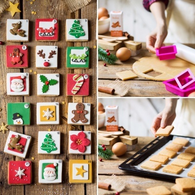 Biscoitos natalícios decorados em mesa de cozinha e preparação da massa com moldes cor-de-rosa