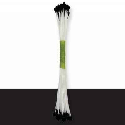 Pacote com 60 pinos de aço para tragus preto em haste branca, preso com fita verde.