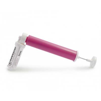 Séringa de plástico cor-de-rosa e branca com texto e logotipo