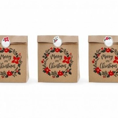 Três sacos de papel com decoração de Natal e texto Merry Christmas