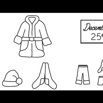 Desenhos a preto e branco de roupas, chapéu de Natal e texto December 25th.