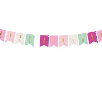 Bandeirola decorativa HAPPY BIRTHDAY em cores rosa, branco, verde e lilás com letras douradas