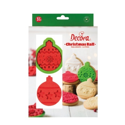 Cortadores de bolachas em forma de bolas de Natal em vermelho, verde e branco