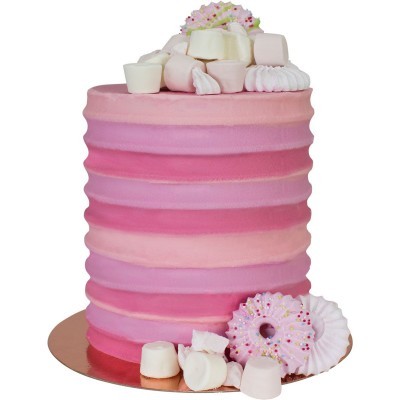 Bolo decorado em tons de rosa com marshmallows e suspiros