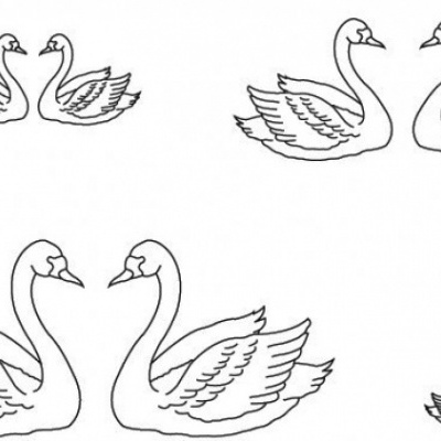 Desenho de cinco pares de cisnes a preto e branco com diferentes tamanhos.