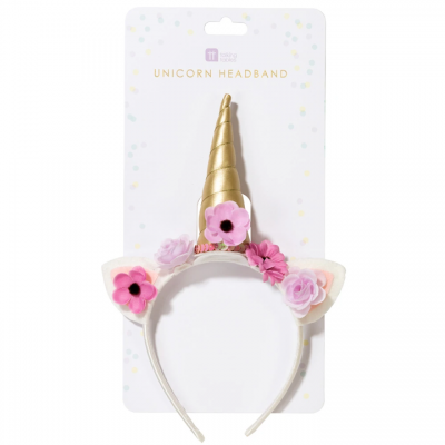 Arco de cabelo com chifre dourado e flores cor-de-rosa