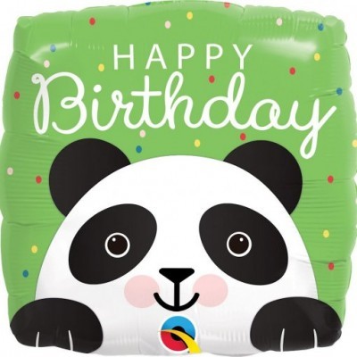 Balão verde com panda e texto 'HAPPY Birthday'.