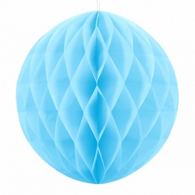 Ornamento esférico de papel azul claro com padrão de favo de mel