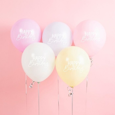 Cinco balões de aniversário coloridos com texto 'HAPPY Birthday' sobre fundo rosa