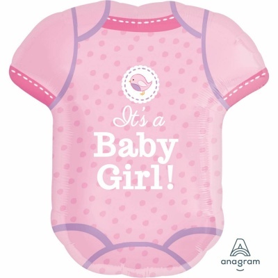 Balão rosa em forma de body com texto 'It's a Baby Girl!' e pássaro