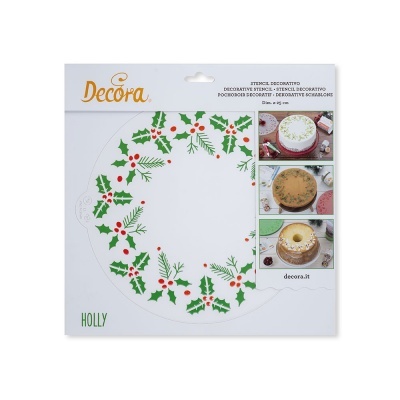 Stencil circular decorativo com folhas de azevinho e bagas vermelhas para decoração de bolos