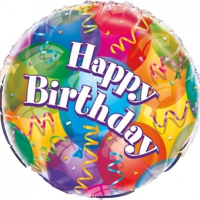 Balão redondo colorido com texto 'Happy Birthday'