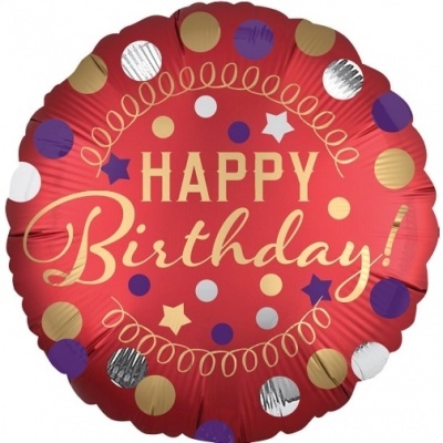 Balão de aniversário redondo vermelho com texto 'HAPPY Birthday!' e padrões coloridos