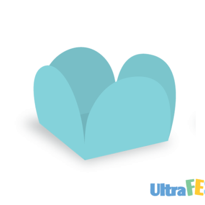 Caixa pequena azul claro de papel com abas arredondadas tipo pétalas