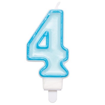 Vela número 4 branca com contorno azul e suporte branco