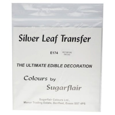 Pacote branco com Silver Leaf Transfer para decoração com texto em preto