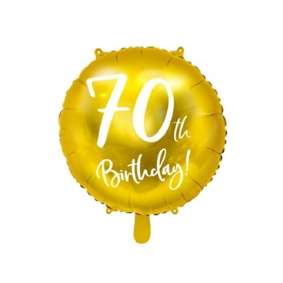 Balão redondo dourado com texto aniversário 70 anos