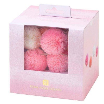 Caixa rosa com bolas de pompom em tons de rosa e branco