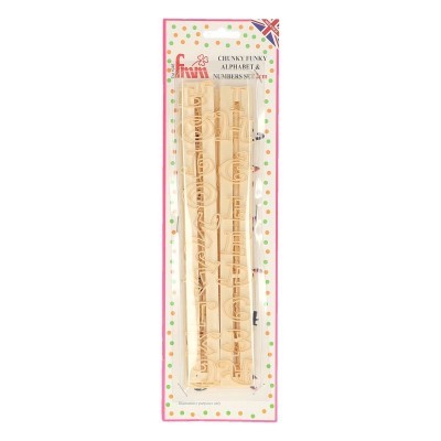 Conjunto de stencil de madeira com letras e números embalado em papel com padrão colorido